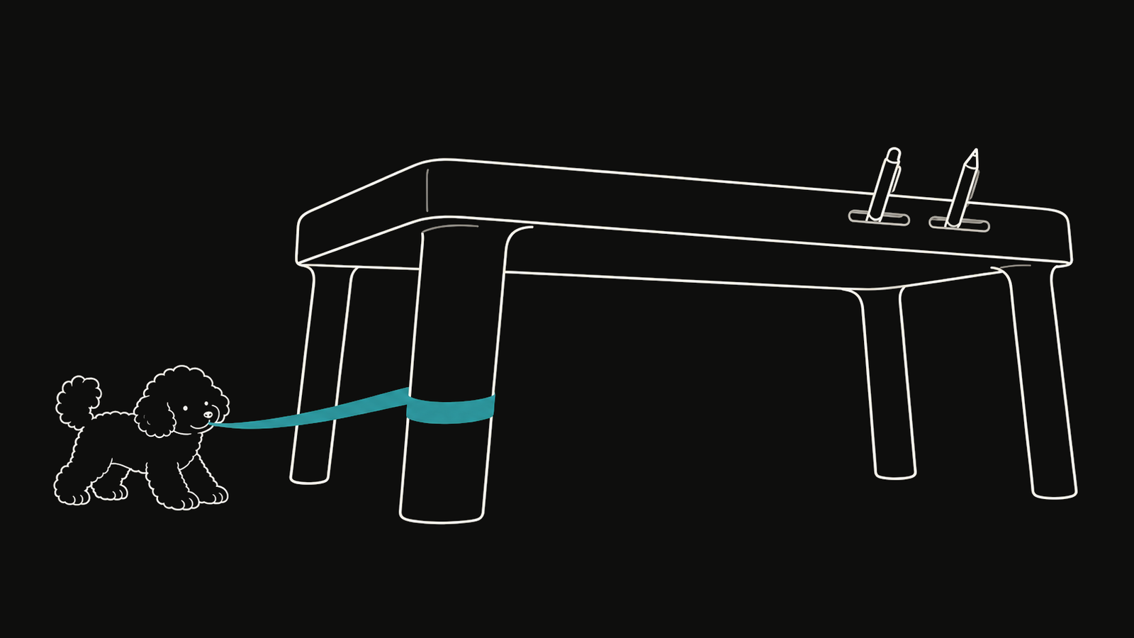 DuoDuo holds a teal ribbon beneath a large shared workbench with two pen tools.