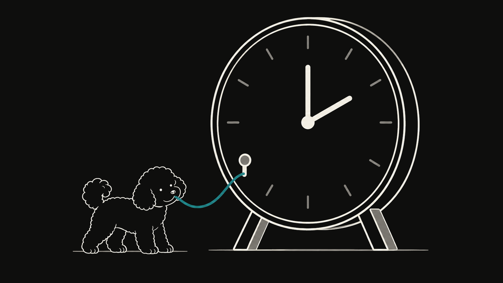 DuoDuo pulls a teal cord attached to a low lever on a large clock.