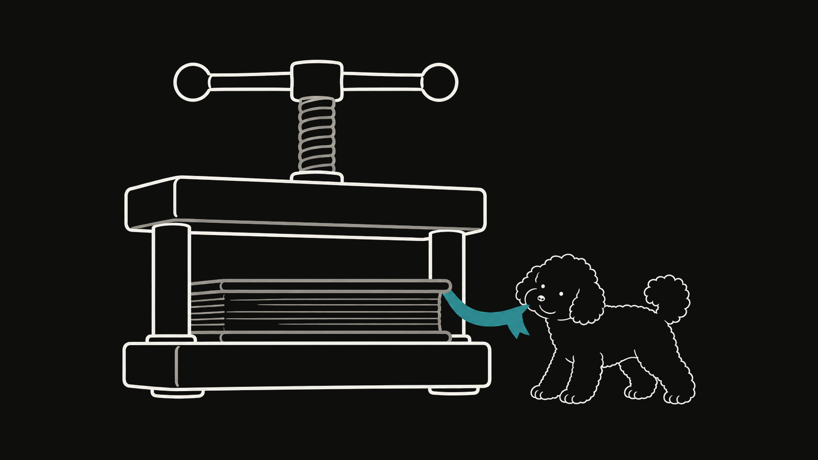 DuoDuo takes a teal bookmark from a book press containing a stack of pages.