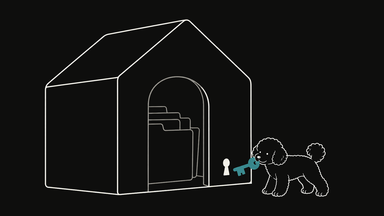DuoDuo carries a teal key toward a house-shaped file holder.