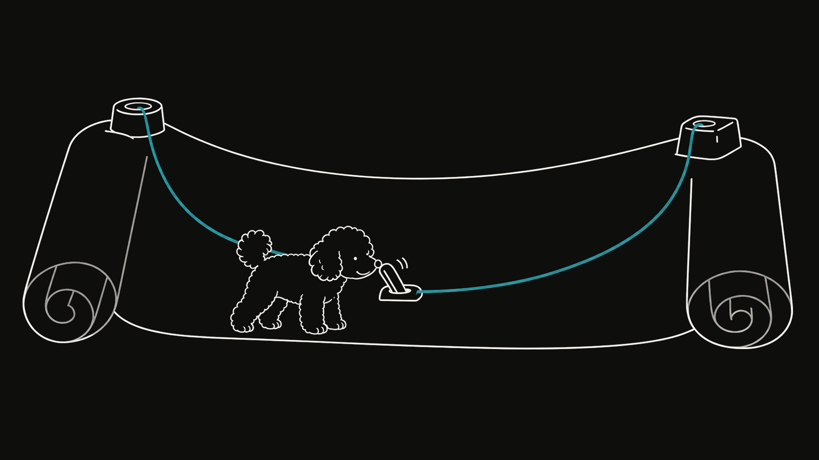 DuoDuo nudges a switch beneath two pen holders joined by a teal thread on one scroll.