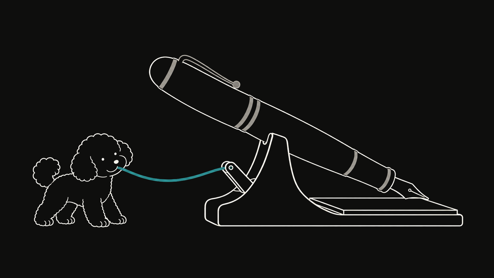 DuoDuo pulls a teal cord that raises a resting pen from its cradle.