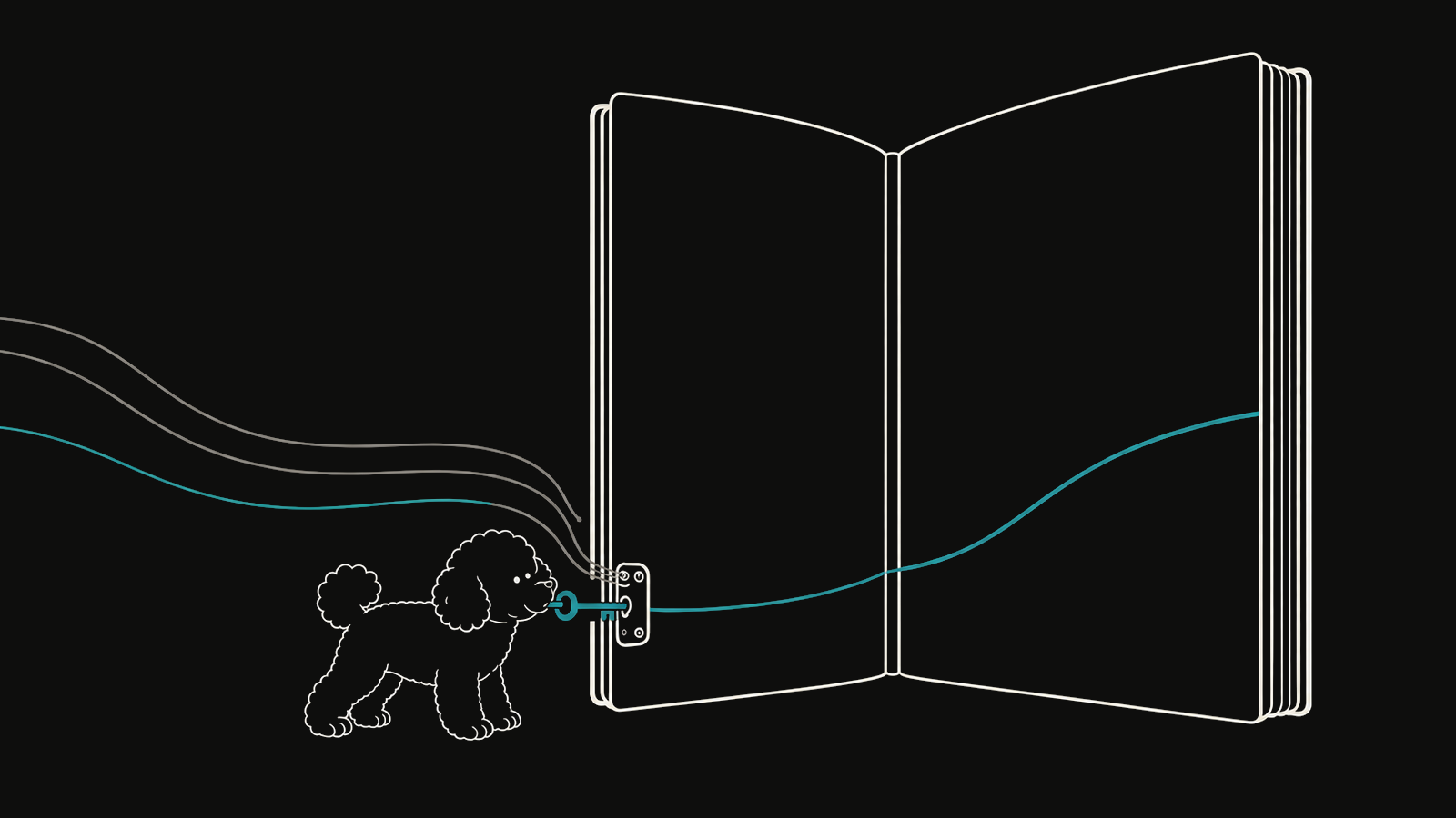 DuoDuo turns a teal key in the latch of a large notebook, letting one of several threads from outside the frame into its pages.
