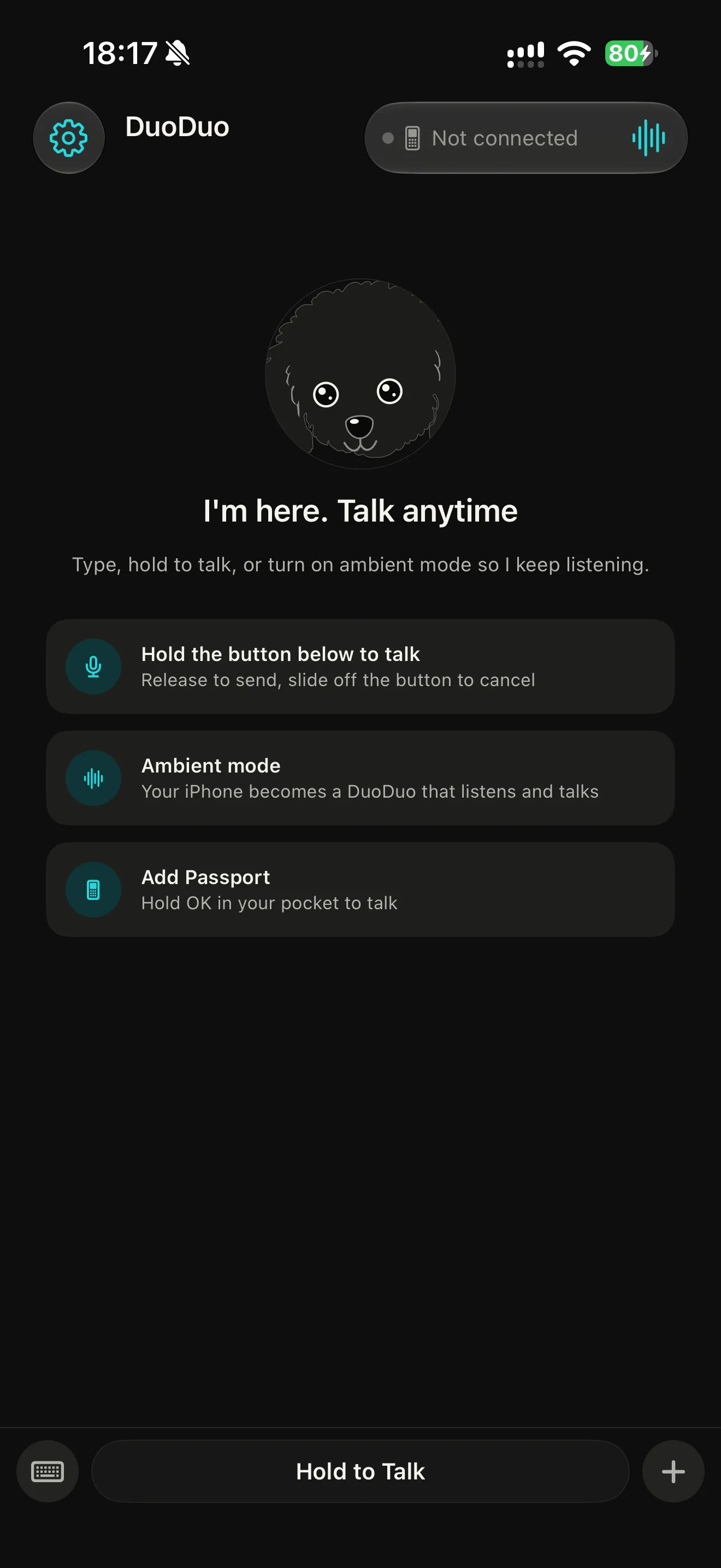DuoDuo Pocket app screen: First conversation