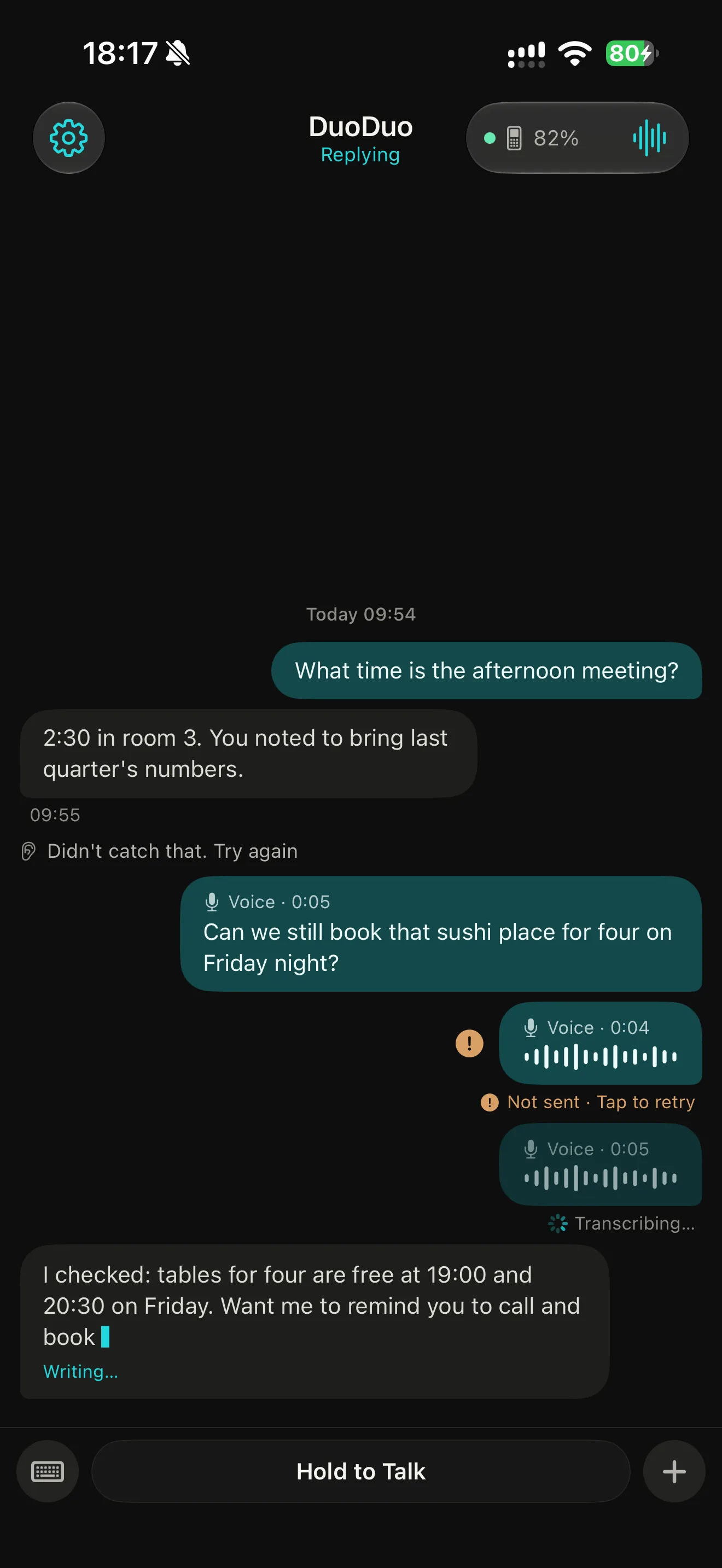 DuoDuo Pocket app screen: Voice notes